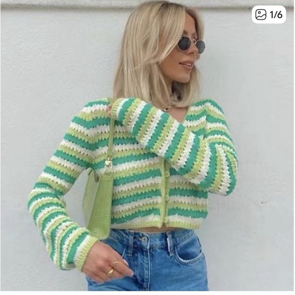 ZARA Knit Cardigan Green Yellow Stripe - Picture 2 of 7